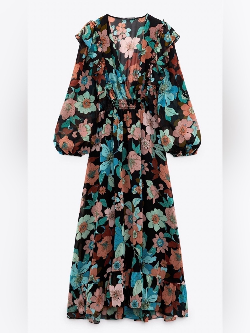 Zara Black Floral Maxi Dress with Teal & Coral Flowers long sleeve‎